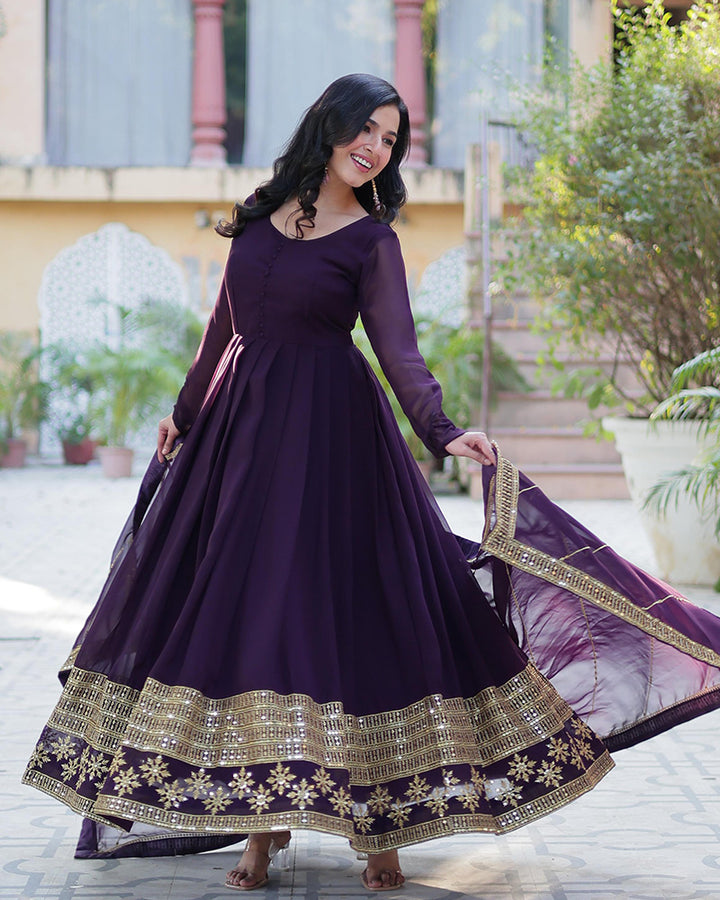 Exclusive Dark Wine Color Attractive Sequence Embroidery Work Gown