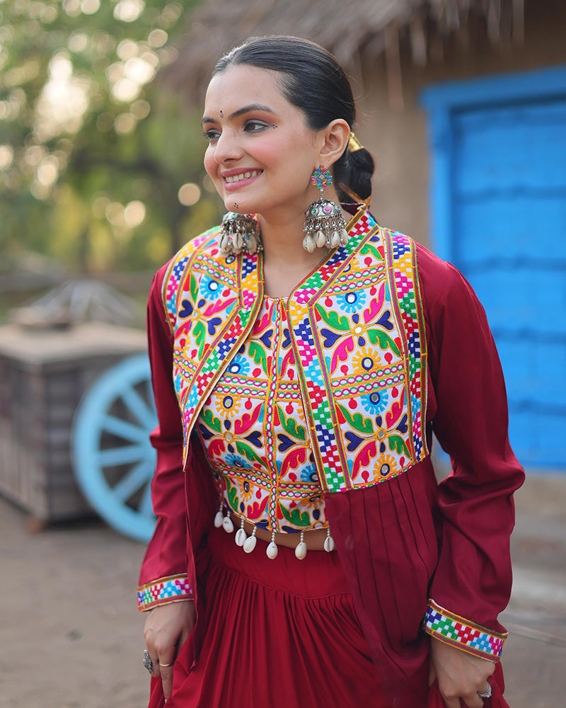 Maroon Color Rayon Embroidered Navratri Lehenga Choli