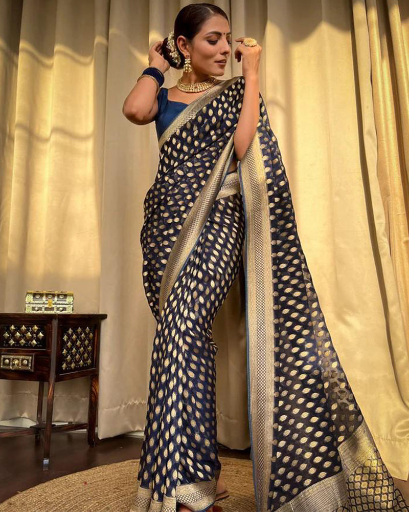 Beautiful Navy Blue Color Banarasi Jacquard Weaving Saree