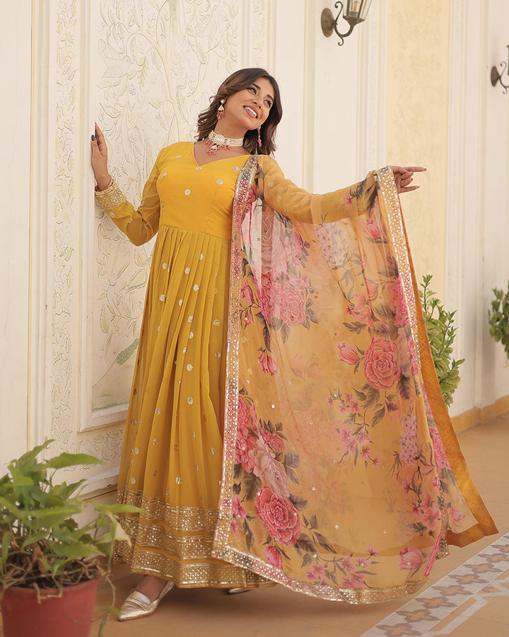 Faux Georgette Yellow Color Anarkali Gown With Tebby Silk Dupatta