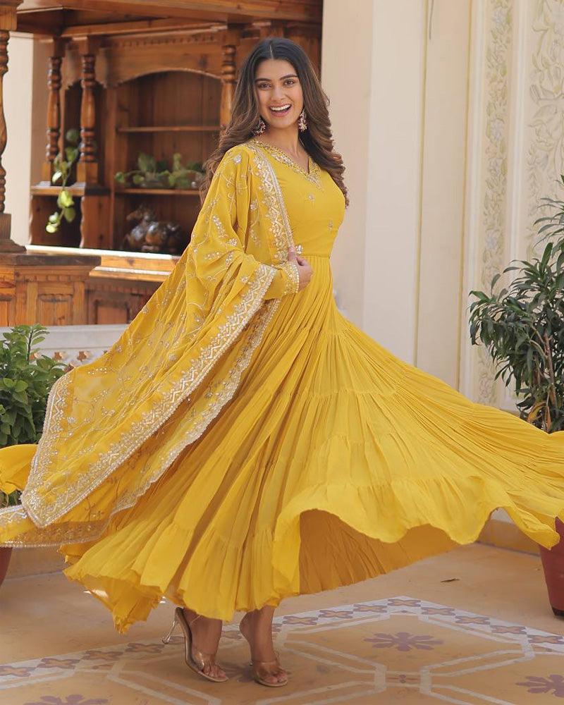 Yellow Color Faux Georgette Designer Anarkali Gown With Dupatta