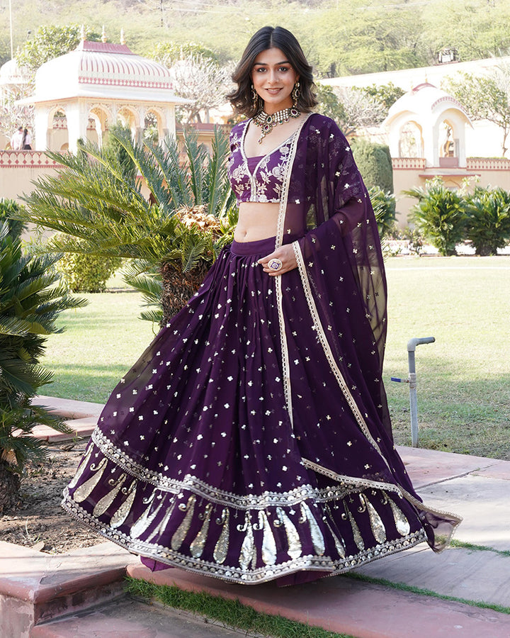 Wine Color Sequence Embroidered Faux Blooming Lehenga Choli