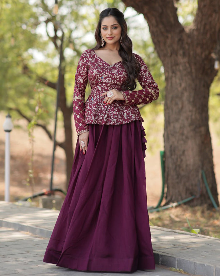 Wine Color Vichitra Shimmer Crop Top Lehenga Choli