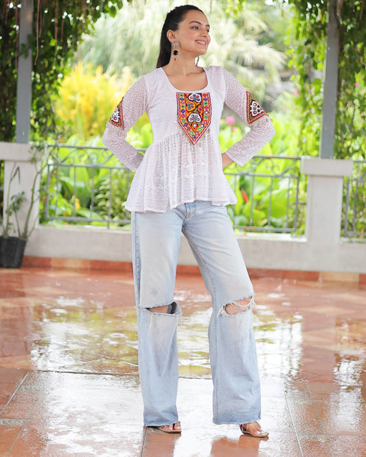 White Color Georgette Schiffli Work Navratri Kediya