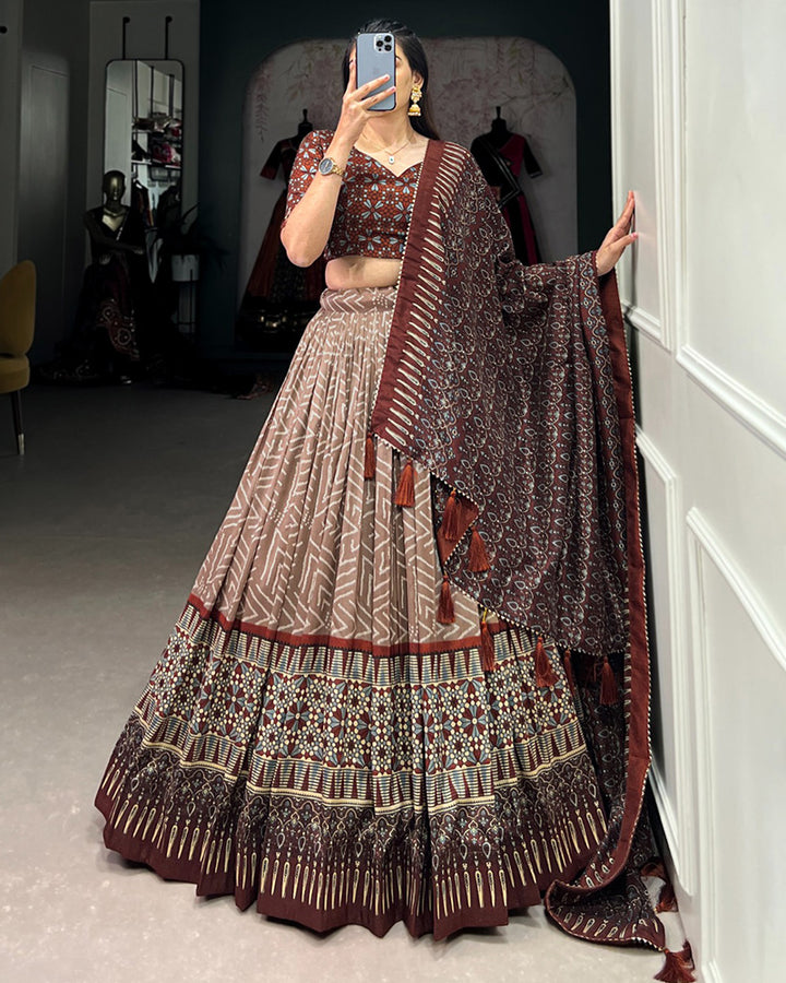 Brown Color Tussar Silk Bandhej Printed Navratri Lehenga Choli