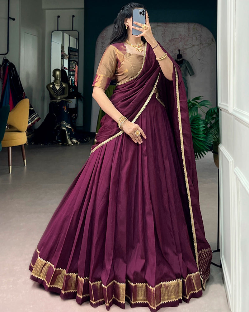Wine Color Pure Chanderi Zari Weaving Lehenga Choli