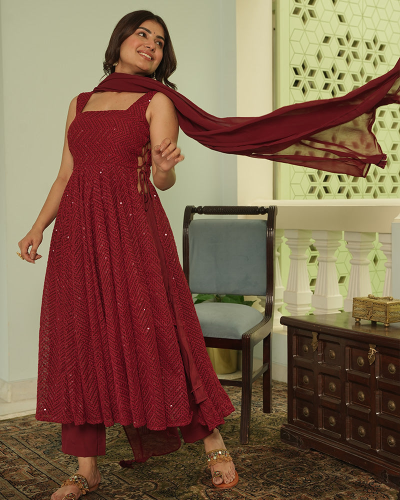 Maroon Color Georgette Lucknowi Three Piece Kurti Suit