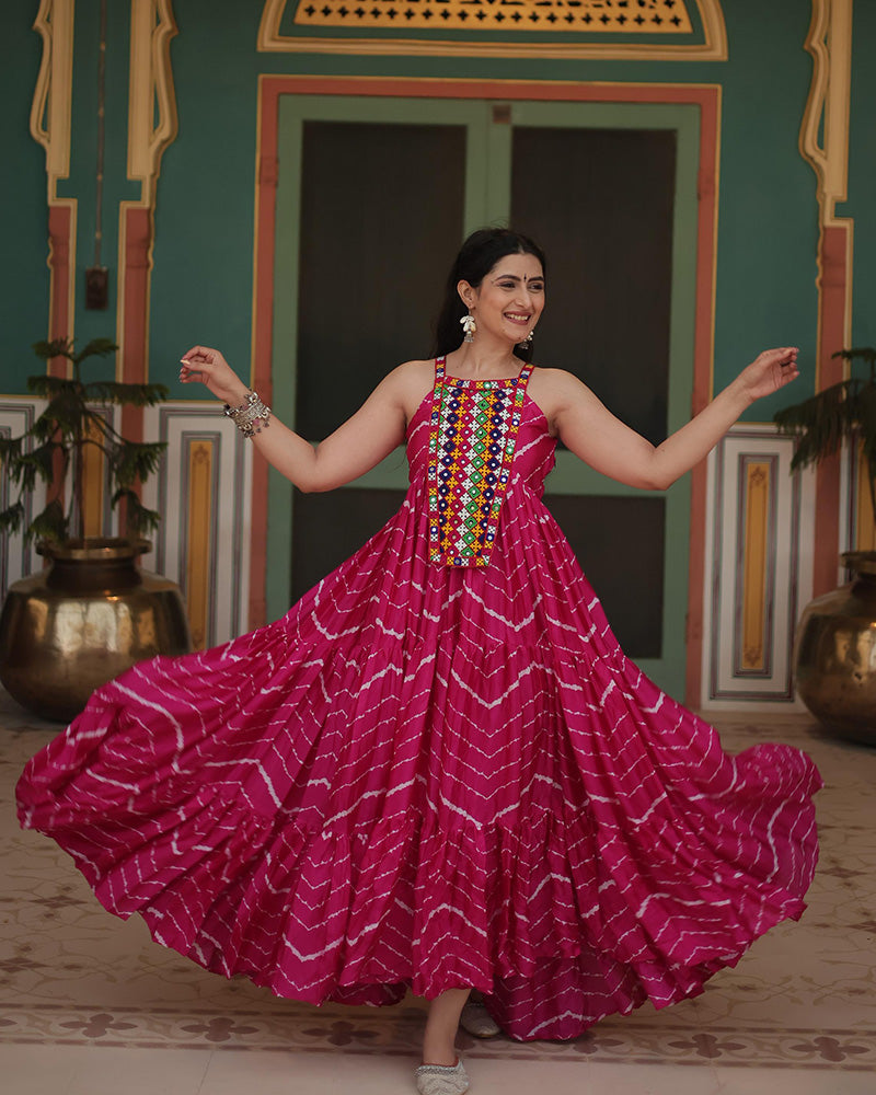 Rani Pink Color Chinon Laheriya Print Navratri Gown