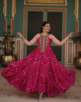 Rani Pink Color Chinon Laheriya Print Navratri Gown