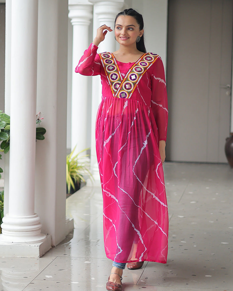 Pink Color Faux Georgette Kutchi Work Navratri Kurti