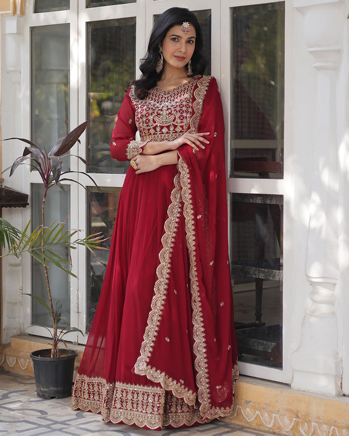 Ruby Red Color Faux Blooming Embroidered Gown