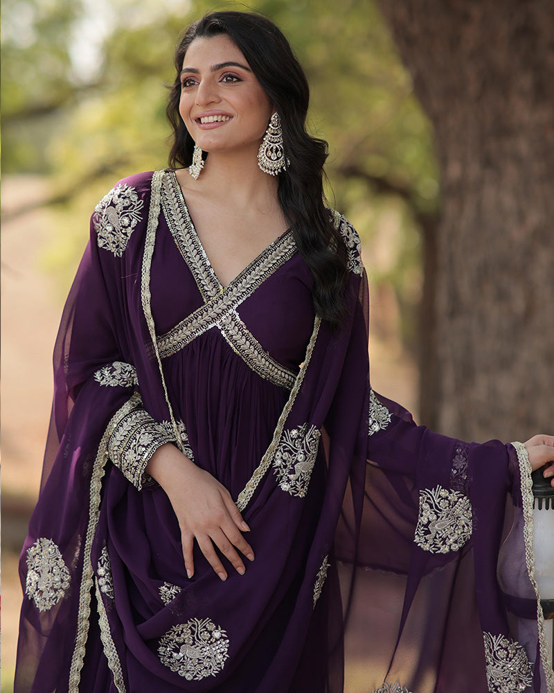 Wedding Wear Embroidered Wine Color Alia Cut Gown With Dupatta