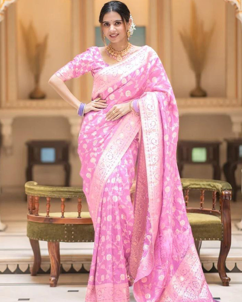 Pink Color Banarasi Jacquard With Zari Work Saree