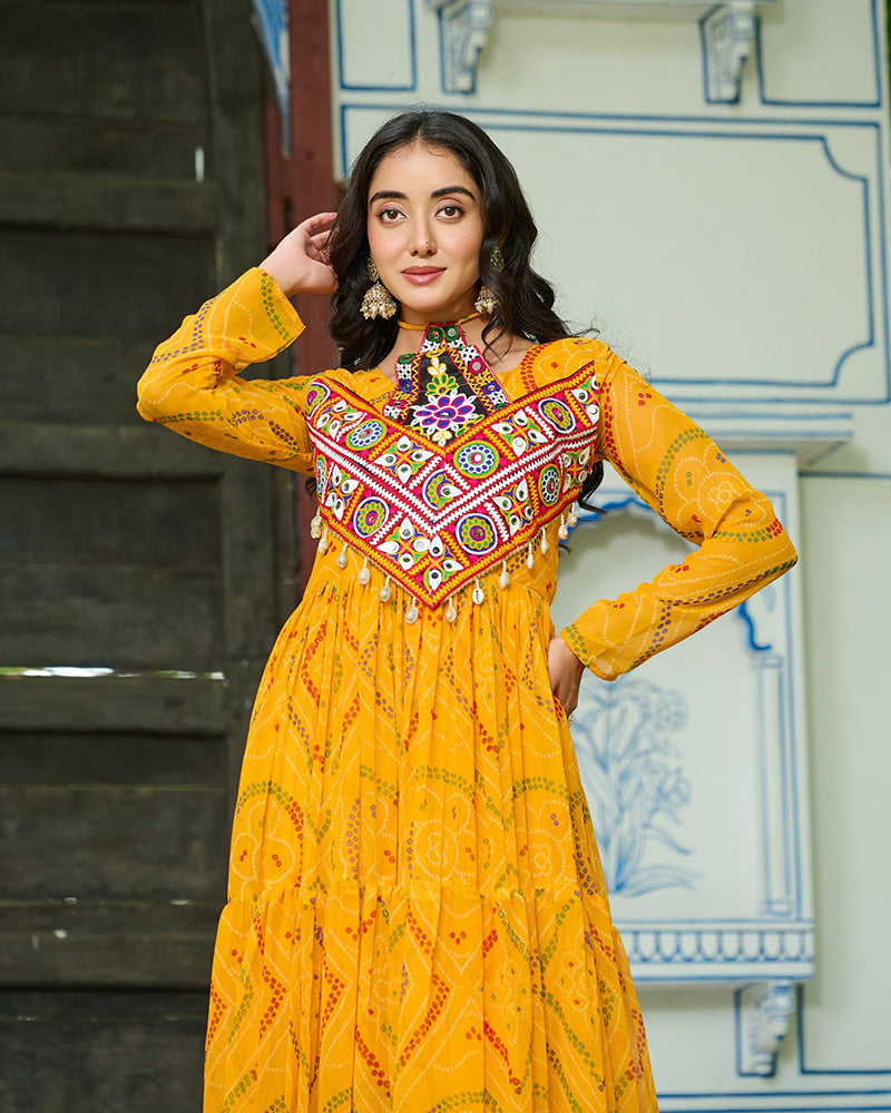 Festive Mustard Ethnic Gown With Colorful Mirror Work