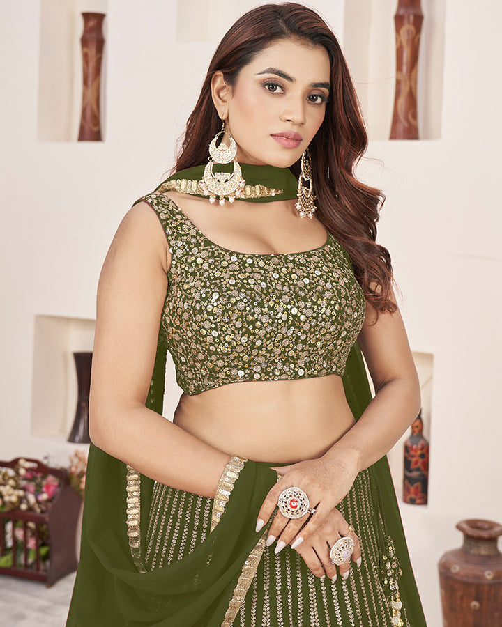 Olive Green Color Georgette Embroidered Semi Stitched Lehenga Choli