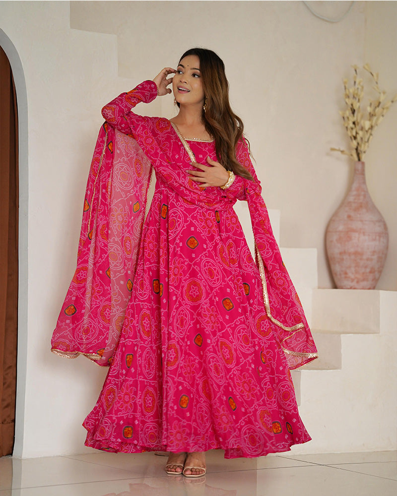 Rani Pink Color Bandhej Print Soft Chiffon Anarkali Gown