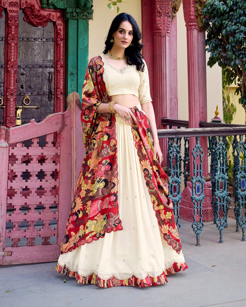 Off-White Color Vichitra Silk Embroidered Half Saree