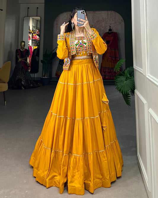Mustard Color Pure Rayon Gamthi Navratri Lehenga Choli