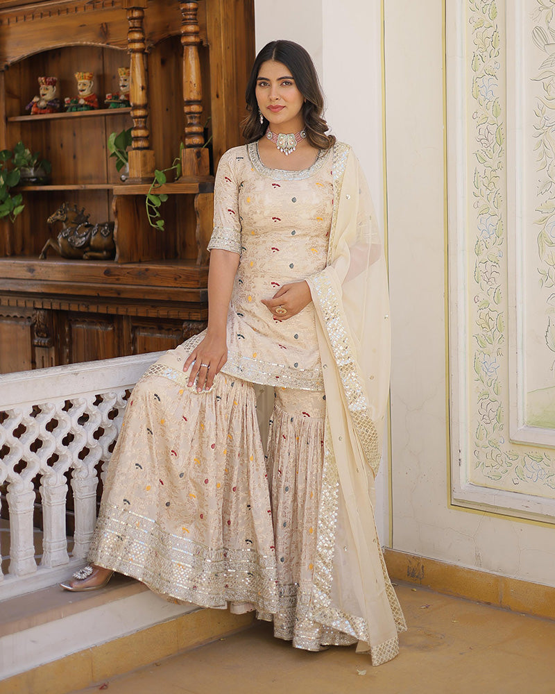 Off-White Color Viscose Jacquard Three Piece Gharara Suit