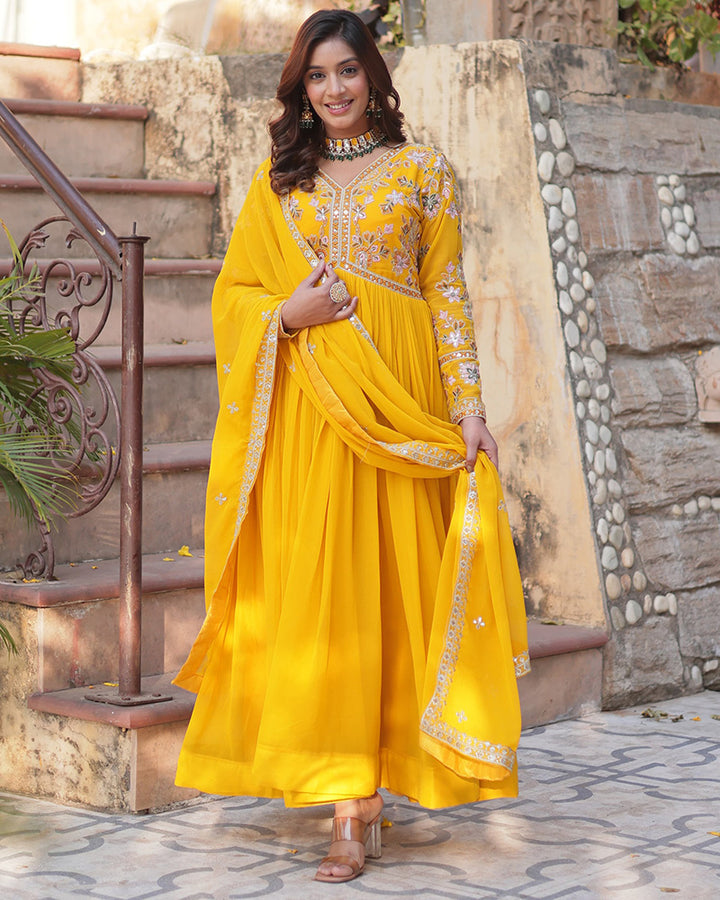 Mustard Color Faux Blooming Zari Embroidered Work Gown