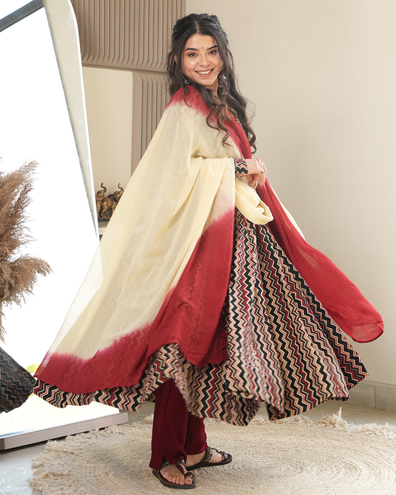 Black Color Laheriya Printed Pure Cotton Anarkali Suit