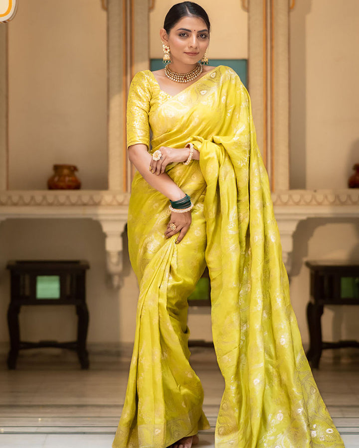 Lemon Color Banarasi Jacquard Zari Weaving Saree