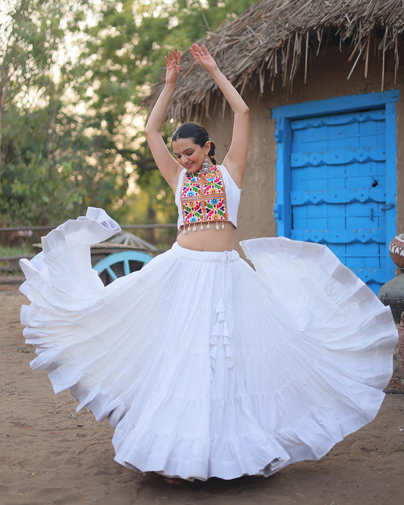 White Color Rayon Embroidered Navratri Lehenga Choli