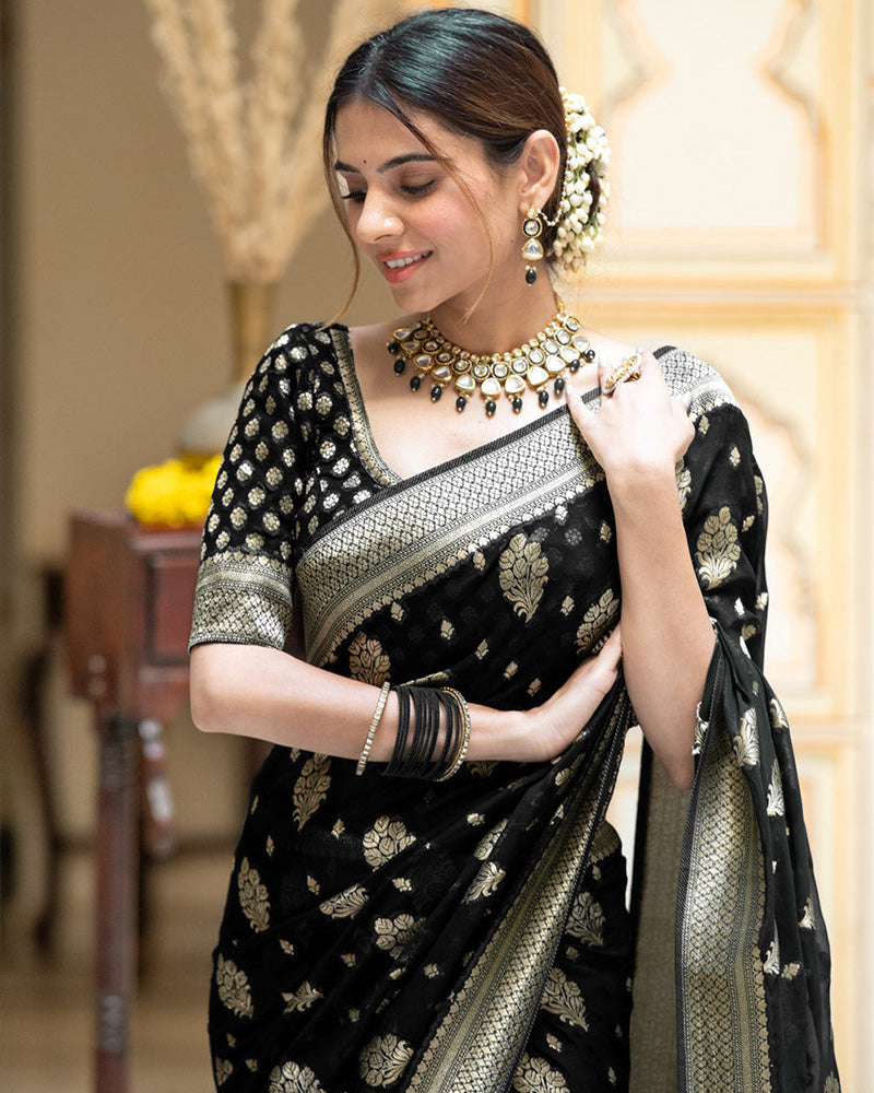 Black Color Banarasi All Over Jacquard Soft Silk Saree