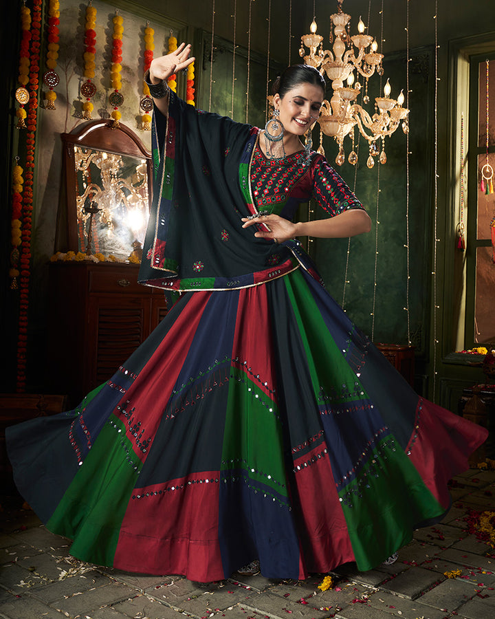 Multi Color Maslin Cotton Printed Mirror Work Navratri Lehenga Choli