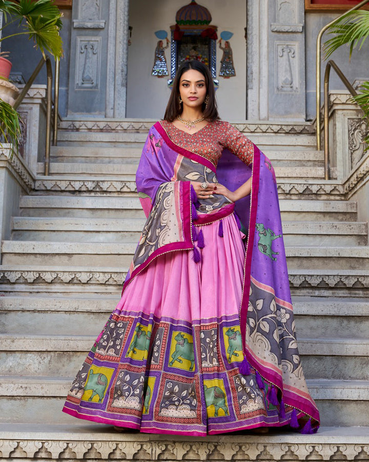 Peach Color Tussar Silk Kalamkari Printed Lehenga Choli