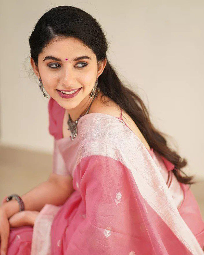 Baby Pink Soft Linen Cotton silk Saree