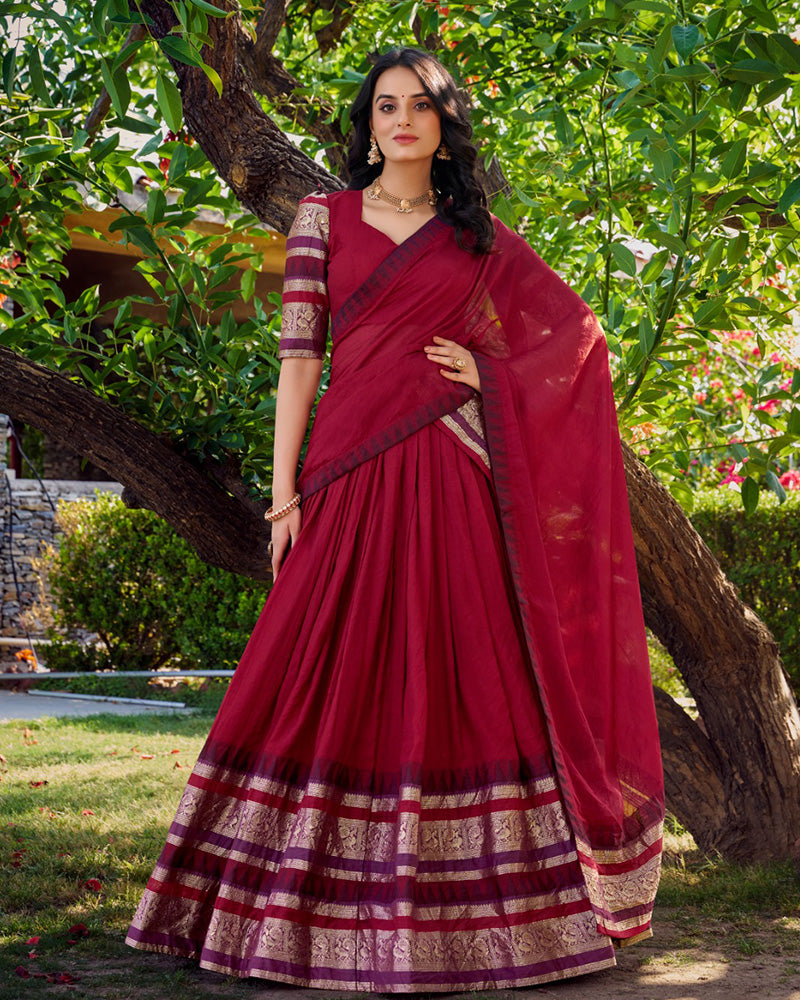 Red Color Pure Chanderi Plain Half Saree