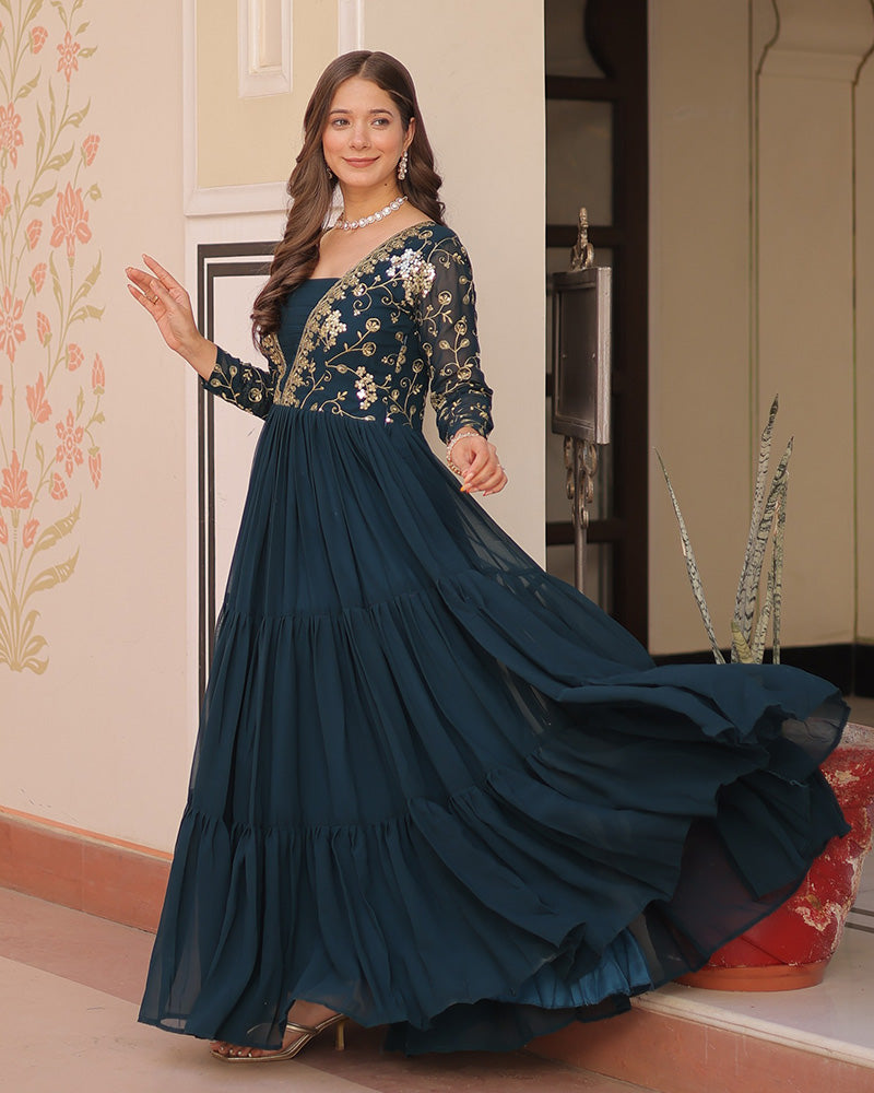 Elegant Rama Floor-Length Gown With Golden Threadwork