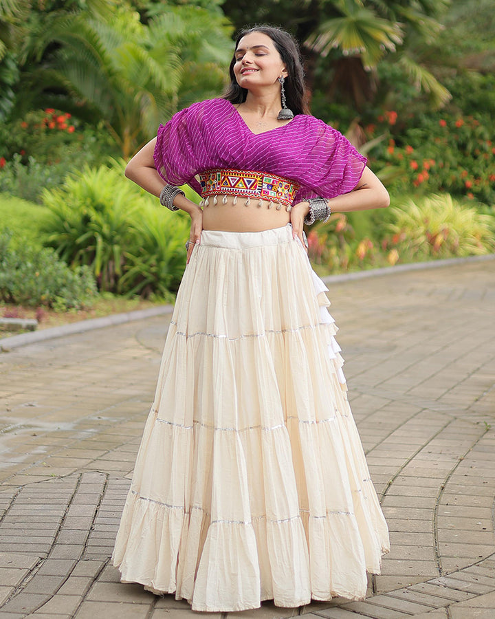 White Color Kora Cotton Lehenga With Purple Choli