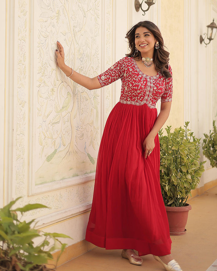 Red Color Faux Blooming Zari sequence Embroidered Gown