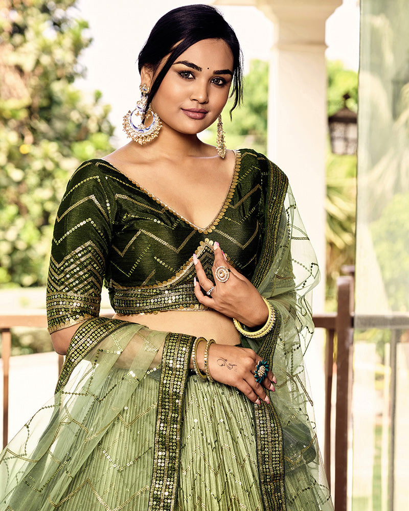 Green Color Chinon Embroidered Lehenga Choli