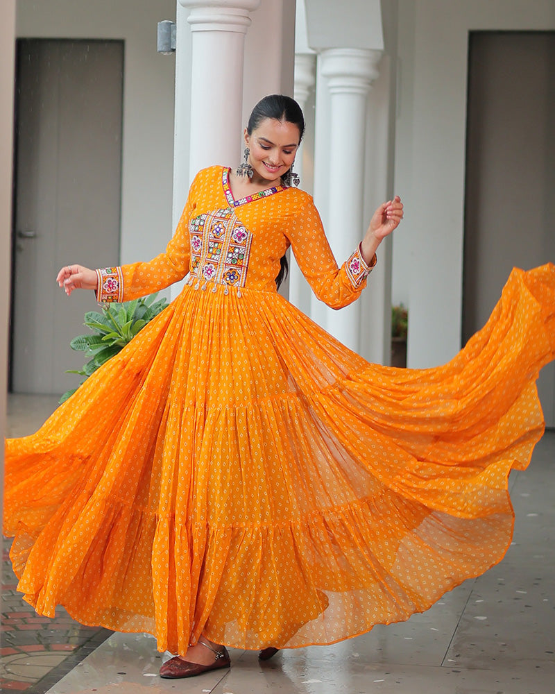 Yellow Color Georgette Bandhani Print Navratri Gown