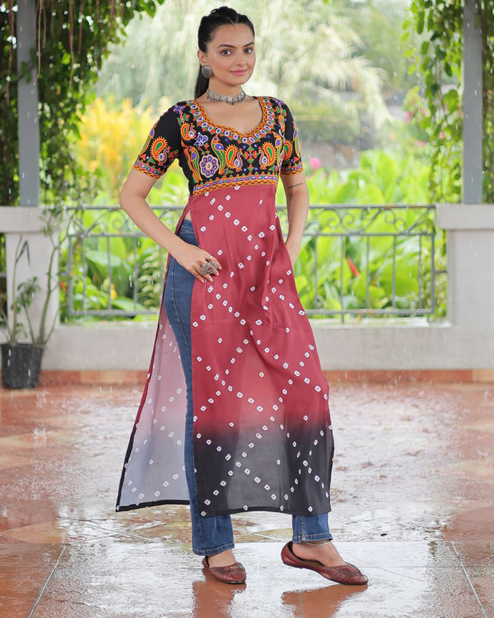 Traditional Maroon Black Color Bandhani Print Navratri Kurti