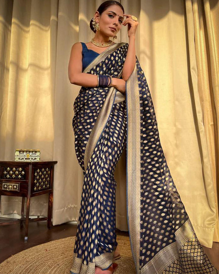 Beautiful Navy Blue Color Banarasi Jacquard Weaving Saree