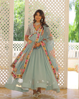 Sky Blue Color Faux Georgette Alia Cut Gown With Dupatta