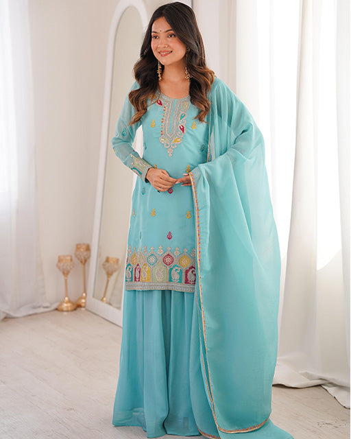 Sky Blue Color Pure Soft Crunchy Silk Sharara Suit