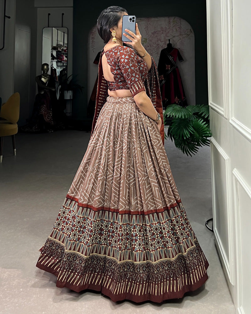 Brown Color Tussar Silk Bandhej Printed Navratri Lehenga Choli