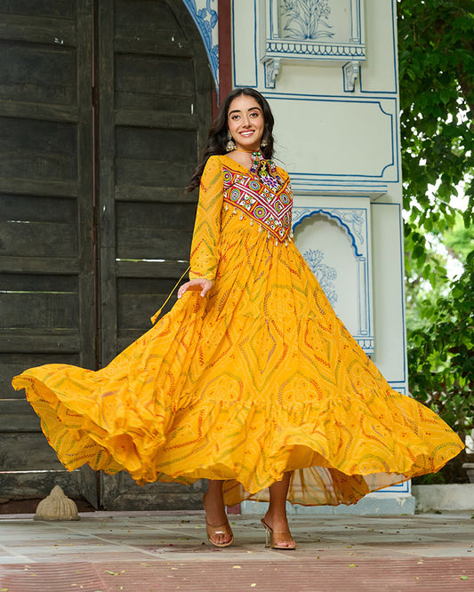 Festive Mustard Ethnic Gown With Colorful Mirror Work
