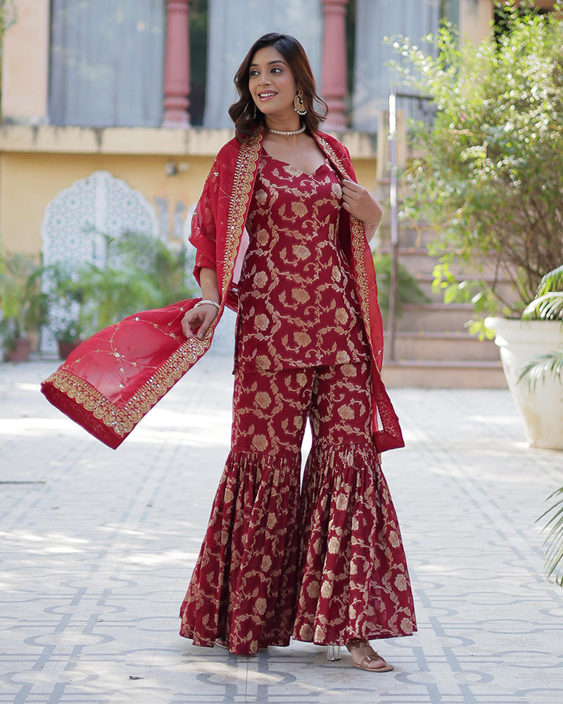 Maroon Color Georgette Jacquard Gharara Suit