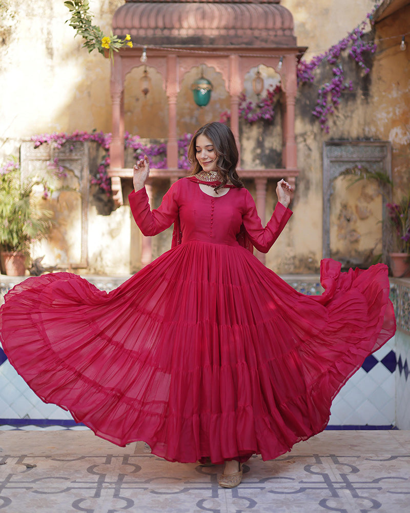 Rani Pink Color Star Georgette Gown With Embroidered Dupatta