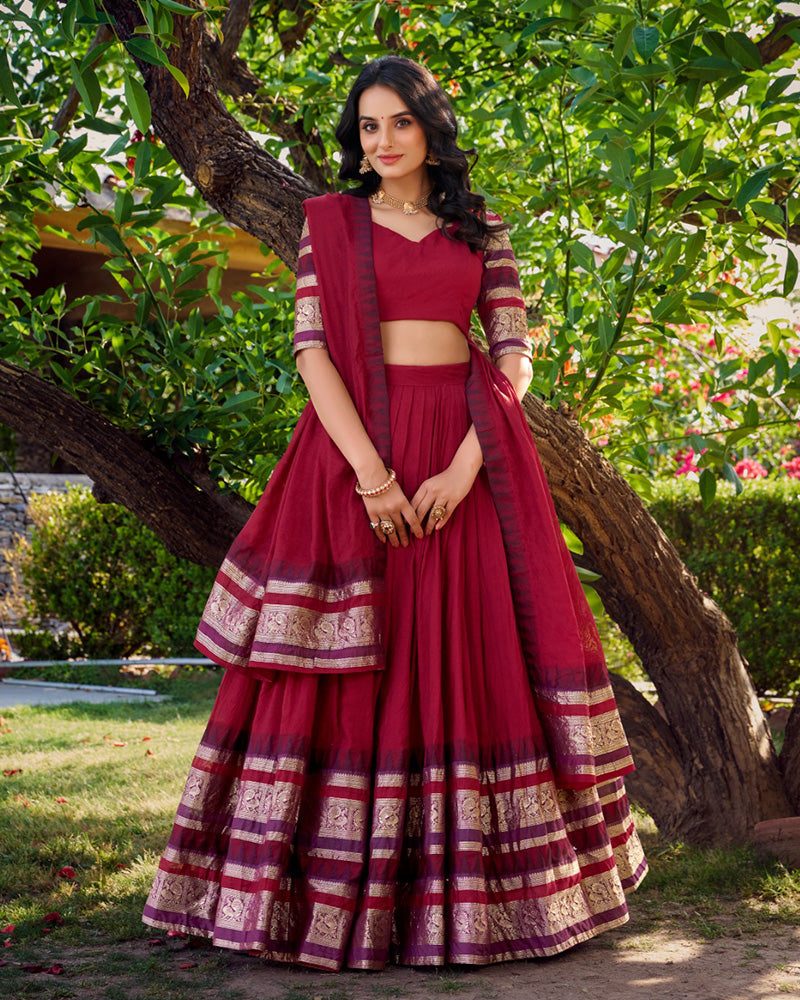 Red Color Pure Chanderi Plain Half Saree