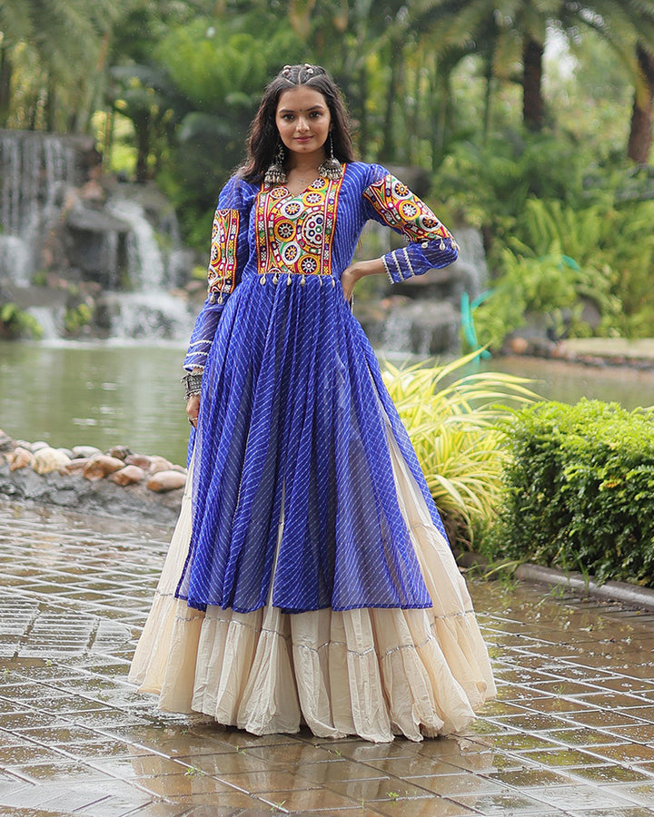 White Color Kora Cotton Lehenga With Blue Kurti