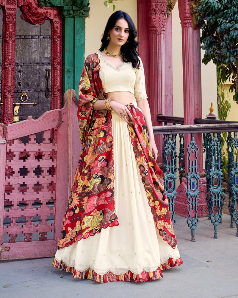 Off-White Color Vichitra Silk Embroidered Half Saree
