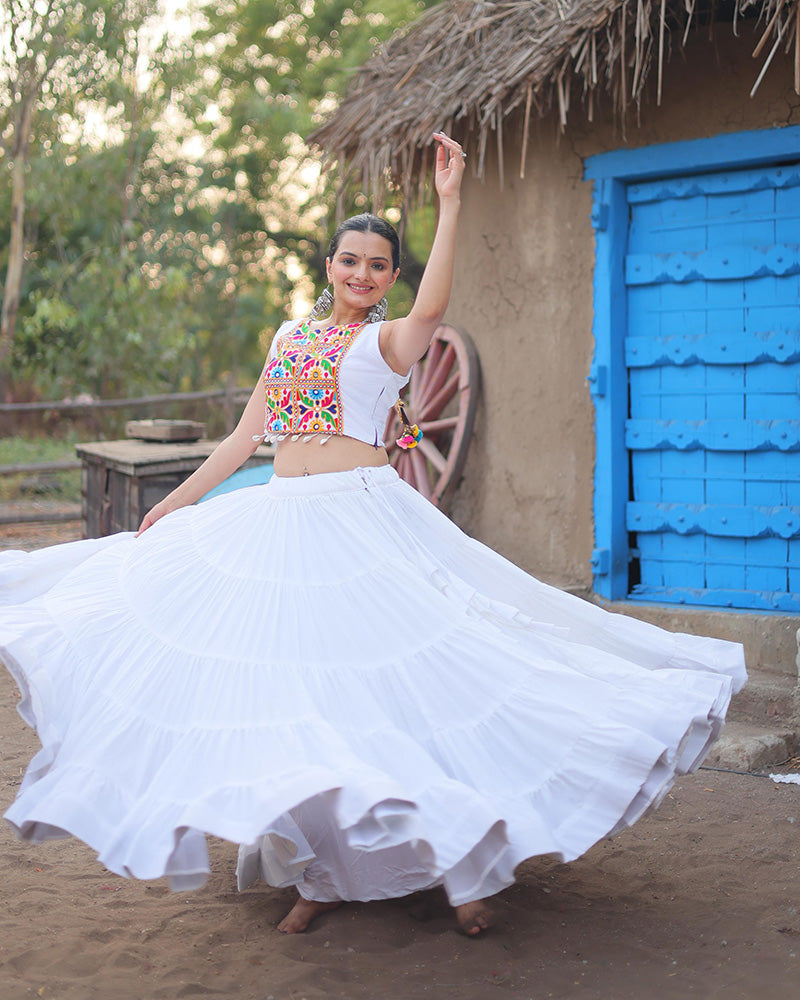 White Color Rayon Embroidered Navratri Lehenga Choli