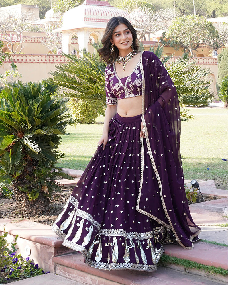 Wine Color Sequence Embroidered Faux Blooming Lehenga Choli